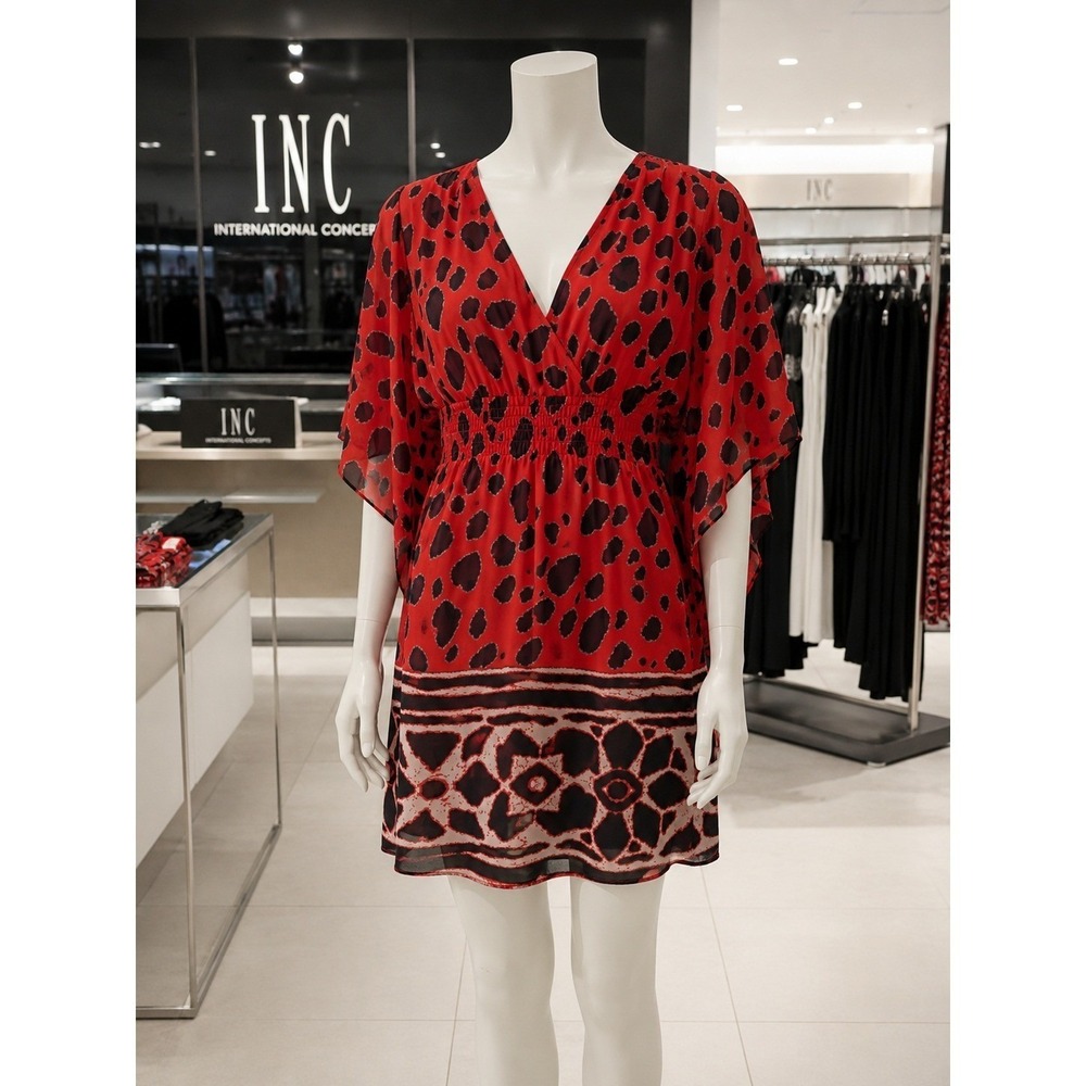 INC International Concepts oversized Red Animal Print Kimono Sleeve Dress Size 4